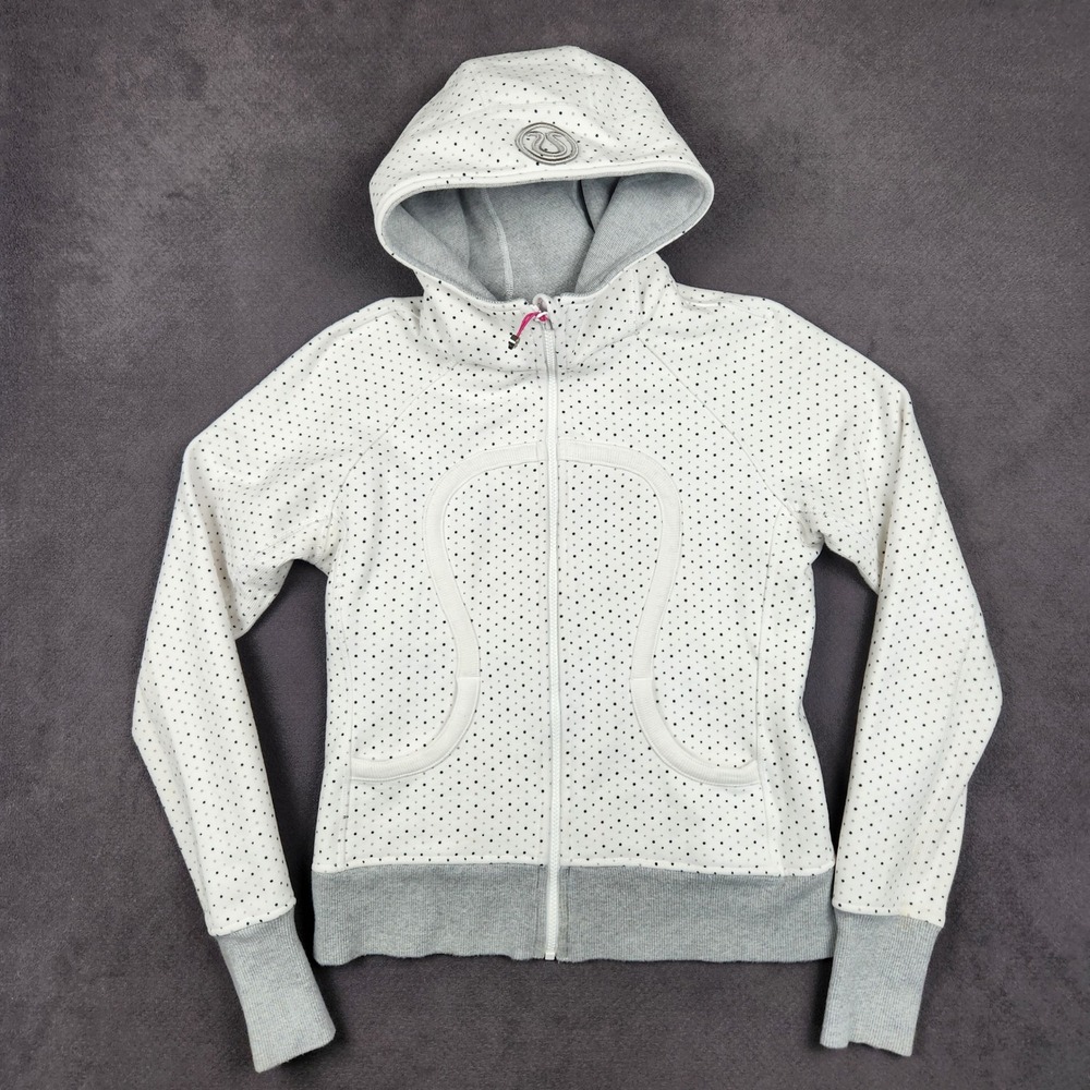 Lululemon Scuba Hoodie Womens 8 White Polka Dot Full Zip Thumbholes Heavyweight